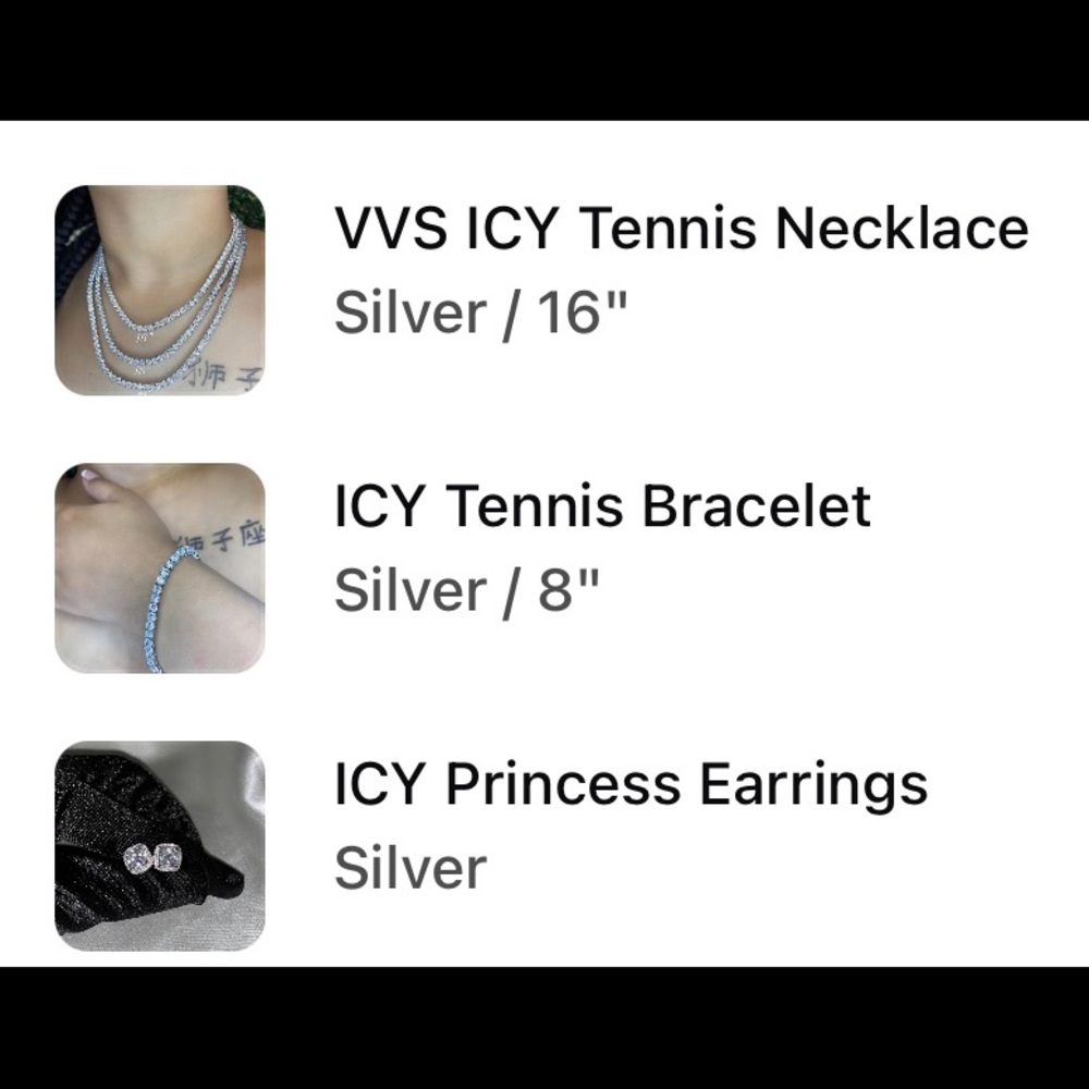 •Earrings 

•Bracelet (8”)

•Necklace (16”)